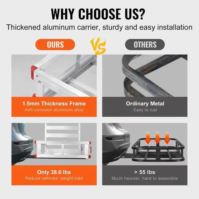 Alt view image 13 of 15 - VEVOR 47 x 28 x 6in Hitch Cargo Carrier, 500lb Capacity Trailer Hitch Mount Aluminum Cargo Basket with Folding Ramp, Luggage Carrier Rack Fits 2" Hitch Receiver for SUV Truck Pickup Camping