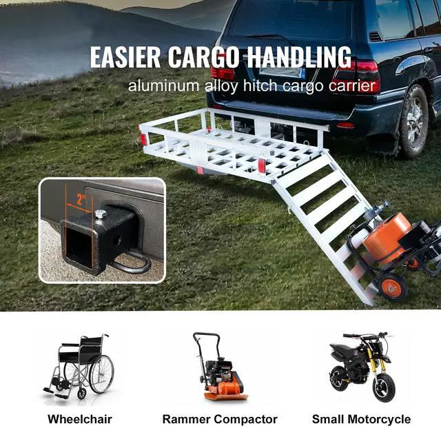 Alt view image 10 of 15 - VEVOR 47 x 28 x 6in Hitch Cargo Carrier, 500lb Capacity Trailer Hitch Mount Aluminum Cargo Basket with Folding Ramp, Luggage Carrier Rack Fits 2" Hitch Receiver for SUV Truck Pickup Camping