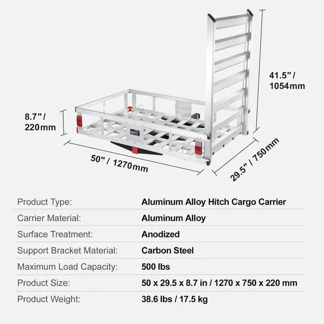 Alt view image 15 of 15 - VEVOR 47 x 28 x 6in Hitch Cargo Carrier, 500lb Capacity Trailer Hitch Mount Aluminum Cargo Basket with Folding Ramp, Luggage Carrier Rack Fits 2" Hitch Receiver for SUV Truck Pickup Camping