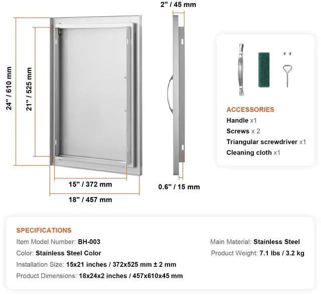 Alt view image 7 of 7 - BBQ Access Door, 18W x 24H Inch Single Outdoor Kitchen Door, Stainless Steel Flush Mount Door, Wall Vertical Door with Handle, for BBQ Island, Grilling Station, Outside Cabinet