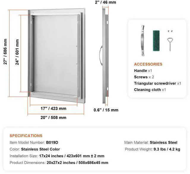 Alt view image 7 of 7 - VEVOR BBQ Access Door, 20W x 27H Inch Single Outdoor Kitchen Door, Stainless Steel Flush Mount Door, Wall Vertical Door with Handle, for BBQ Island, Grilling Station, Outside Cabinet