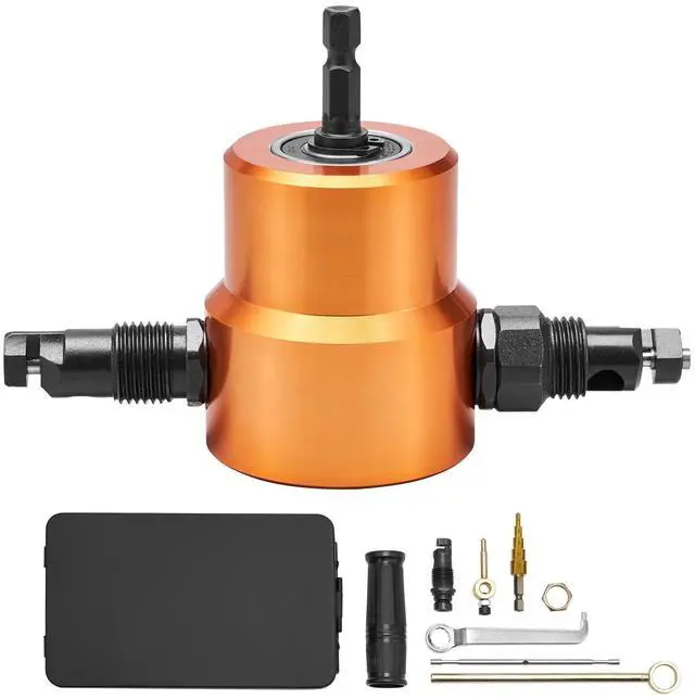 Main image of Double Head Sheet Metal Nibbler Cutter, 360 Degree Metal Nibbler Drill Attachment with Extra Punch and Die, Cutting Hole Accessory and Step Drill Bit, for Straight Curve and Circle Cutting