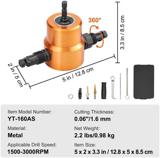 Alt view image 7 of 7 - Double Head Sheet Metal Nibbler Cutter, 360 Degree Metal Nibbler Drill Attachment with Extra Punch and Die, Cutting Hole Accessory and Step Drill Bit, for Straight Curve and Circle Cutting