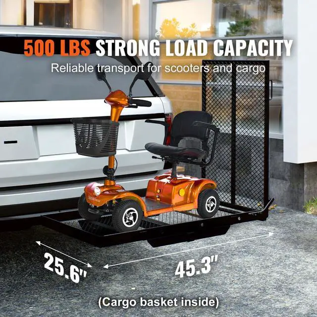 Alt view image 2 of 7 - Hitch Mount Cargo Carrier, 45.3" x 25.6" Iron Hitch Cargo Rack with Folding Ramp, Hitch Rack Basket with Stabilizer and Straps, 500LBS Mobility Scooter Carrier Fit 2" Hitch Receiver