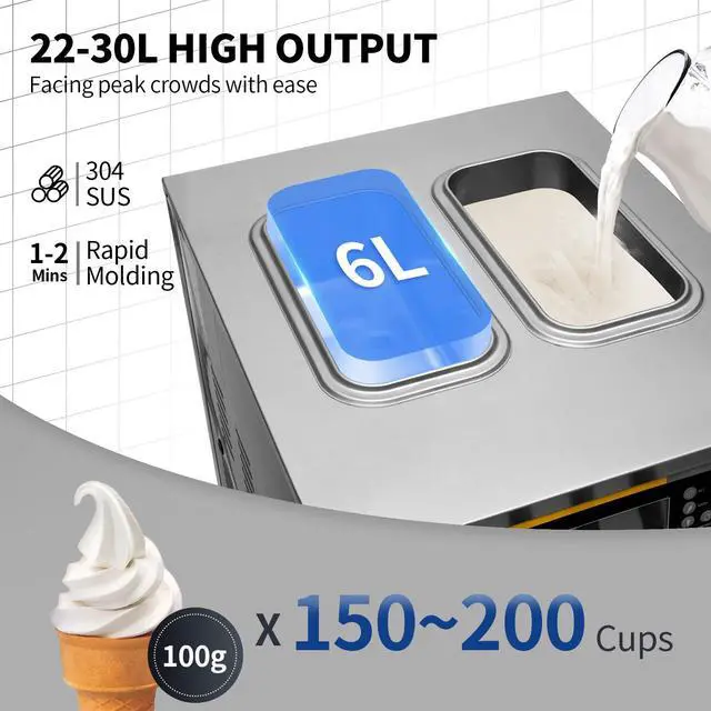 Alt view image 3 of 7 - Commercial Ice Cream Maker, 22-30L/H Yield, 2350W Countertop Soft Serve Machine with 2x6L Hopper 2L Cylinder LCD Panel Puffing Shortage Alarm, Frozen Yogurt Maker for Restaurant Snack Bar, Silve