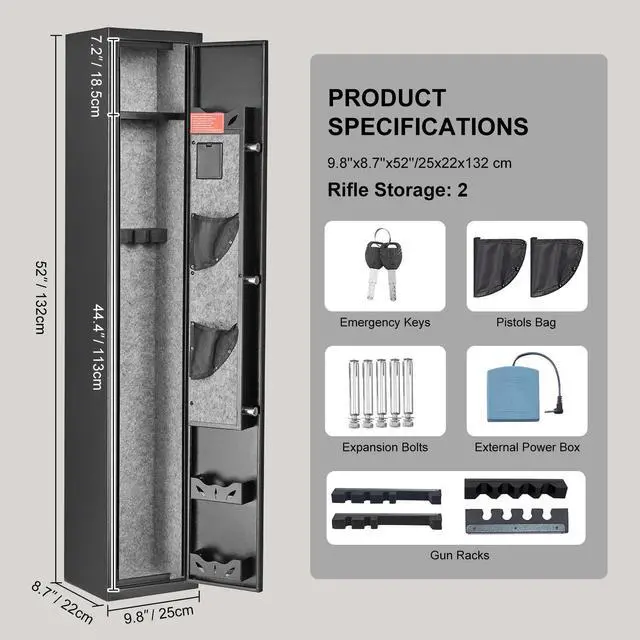 Alt view image 7 of 7 - 2 Rifles Gun Safe, Rifle Safe with Lock & Digital Keypad, Quick Access Gun Storage Cabinet with Removable Shelf, Pistol Rack, Rifle Cabinet for Home Rifle and Pistols
