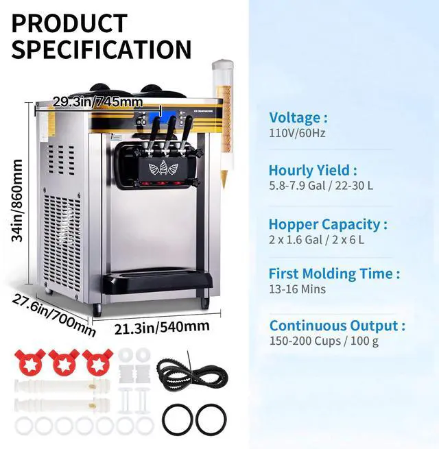 Alt view image 7 of 7 - Commercial Ice Cream Maker, 22-30L/H Yield, 2350W Countertop Soft Serve Machine with 2x6L Hopper 2L Cylinder LCD Panel Puffing Shortage Alarm, Frozen Yogurt Maker for Restaurant Snack Bar, Silve