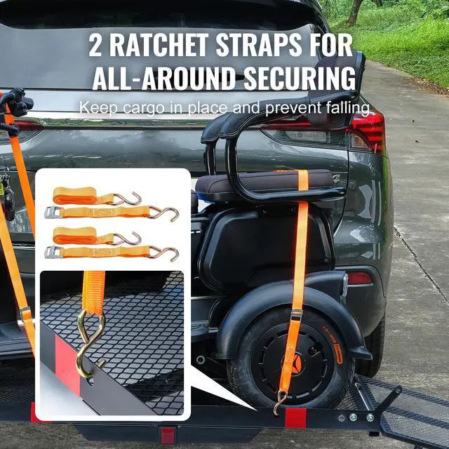 Alt view image 3 of 7 - Hitch Mount Cargo Carrier, 45.3" x 25.6" Iron Hitch Cargo Rack with Folding Ramp, Hitch Rack Basket with Stabilizer and Straps, 500LBS Mobility Scooter Carrier Fit 2" Hitch Receiver