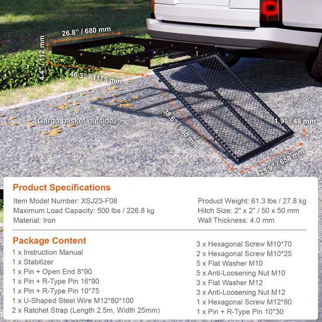 Alt view image 7 of 7 - Hitch Mount Cargo Carrier, 45.3" x 25.6" Iron Hitch Cargo Rack with Folding Ramp, Hitch Rack Basket with Stabilizer and Straps, 500LBS Mobility Scooter Carrier Fit 2" Hitch Receiver