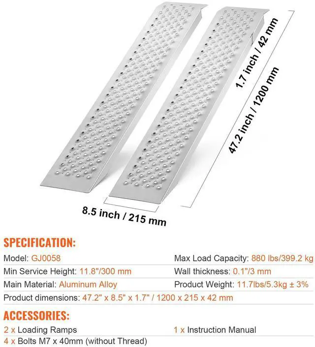 Alt view image 7 of 7 - Portable Loading Ramps, 2 Pcs 47.2 x 8.5 in, Durable Aluminum Shed Ramp Set with Anti-Slip Holes, Compact Design and Easy Storage, 880 Lbs Weight Capacity, for ATV, Tractors, Lawn Mowers, Carts