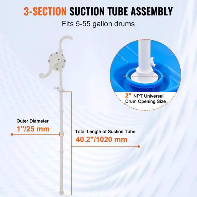 Alt view image 4 of 7 - Drum Pump, 6.5 GPM Flow, Rotary Barrel Pump Hand Crank, Fits 5 to 55 Gallon Drums with 3-Section Suction Tube Assembly and Hose, Designed for Fast Transfer of Water, Alcohol, Corrosive Liquids