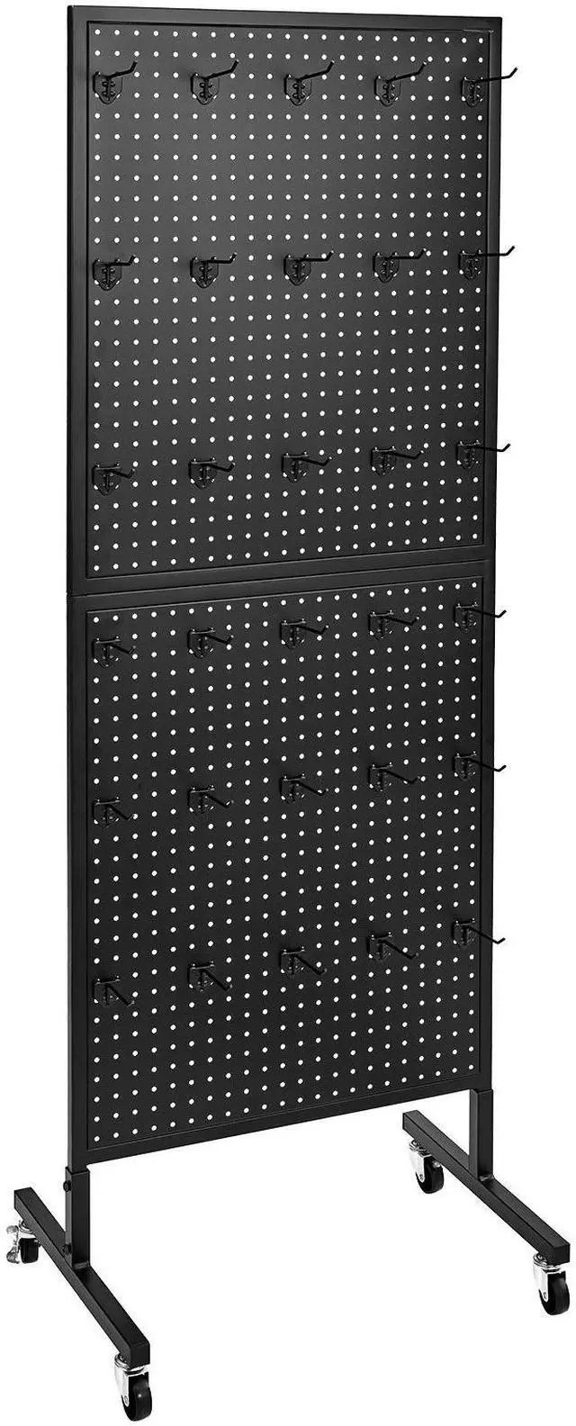 Main image of Standing Pegboard Display, 23.6 x 63 in Pegboard Display Stand with Swivel Casters and 30 Hooks, Thickened Cold-Rolled Steel Peg Board Panel for Grocery, Retail Store and Jewelry Shop, Black
