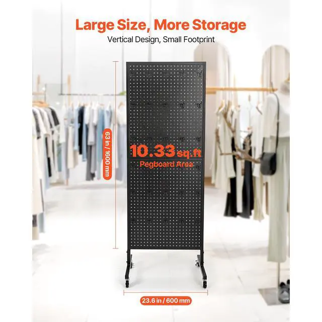 Alt view image 2 of 7 - Standing Pegboard Display, 23.6 x 63 in Pegboard Display Stand with Swivel Casters and 30 Hooks, Thickened Cold-Rolled Steel Peg Board Panel for Grocery, Retail Store and Jewelry Shop, Black