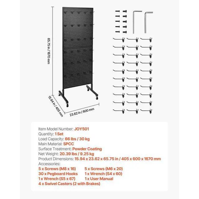 Alt view image 7 of 7 - Standing Pegboard Display, 23.6 x 63 in Pegboard Display Stand with Swivel Casters and 30 Hooks, Thickened Cold-Rolled Steel Peg Board Panel for Grocery, Retail Store and Jewelry Shop, Black