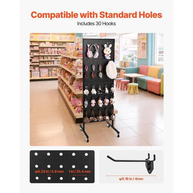 Alt view image 4 of 7 - Standing Pegboard Display, 23.6 x 63 in Pegboard Display Stand with Swivel Casters and 30 Hooks, Thickened Cold-Rolled Steel Peg Board Panel for Grocery, Retail Store and Jewelry Shop, Black