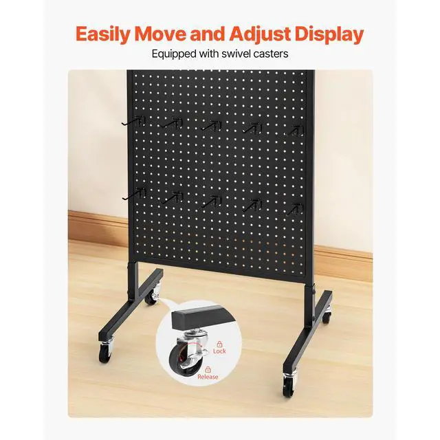 Alt view image 5 of 7 - Standing Pegboard Display, 23.6 x 63 in Pegboard Display Stand with Swivel Casters and 30 Hooks, Thickened Cold-Rolled Steel Peg Board Panel for Grocery, Retail Store and Jewelry Shop, Black