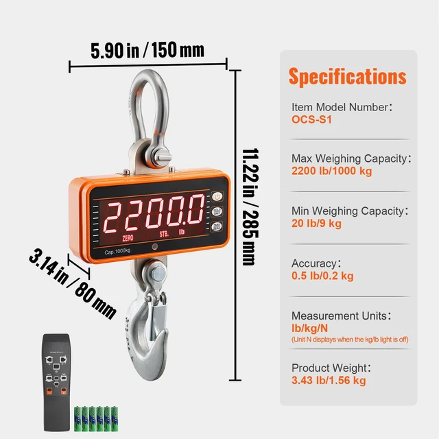Alt view image 7 of 7 - VEVOR Digital Crane Scale, 2200 lbs/1000 kg, Industrial Heavy Duty Hanging Scale with Remote Control, Cast Aluminum Case & LED Screen, High Precision for Construction, Factory, Farm, Hunting (Orange)