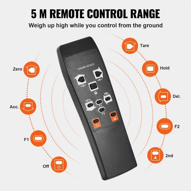 Alt view image 5 of 7 - VEVOR Digital Crane Scale, 2200 lbs/1000 kg, Industrial Heavy Duty Hanging Scale with Remote Control, Cast Aluminum Case & LED Screen, High Precision for Construction, Factory, Farm, Hunting (Orange)