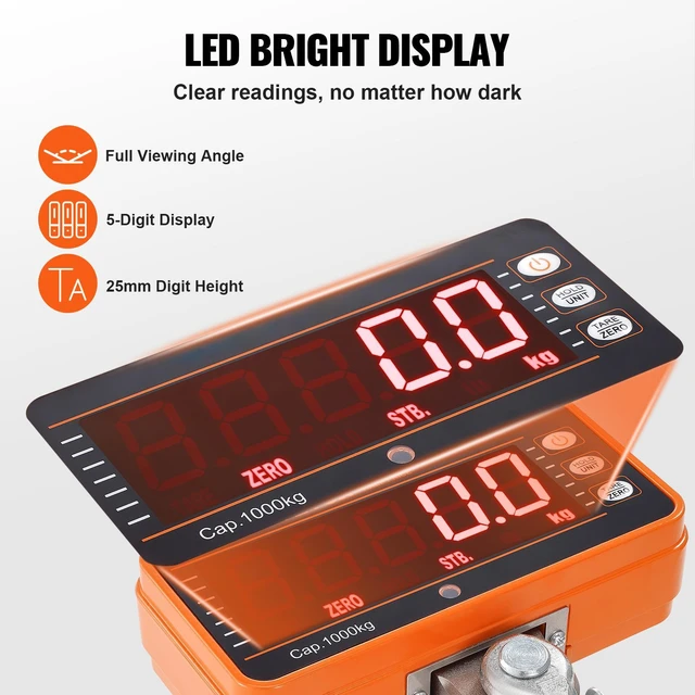 Alt view image 6 of 7 - VEVOR Digital Crane Scale, 2200 lbs/1000 kg, Industrial Heavy Duty Hanging Scale with Remote Control, Cast Aluminum Case & LED Screen, High Precision for Construction, Factory, Farm, Hunting (Orange)