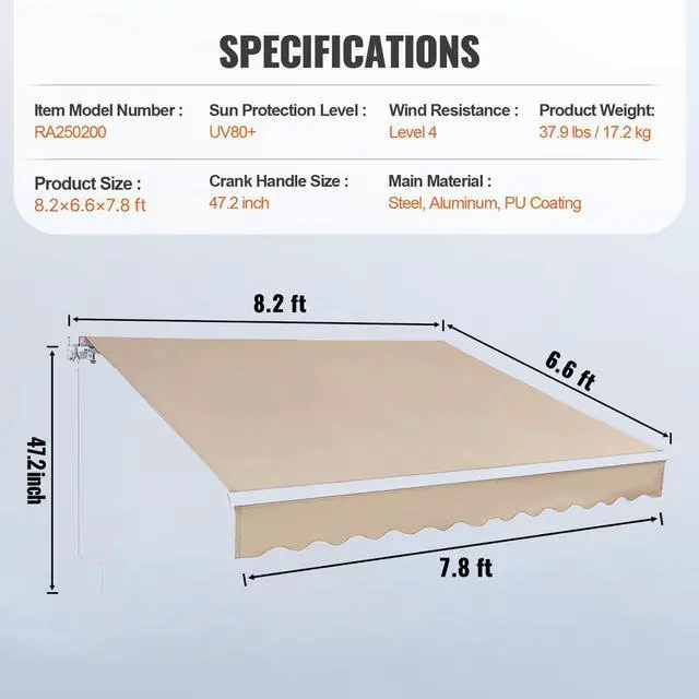 Alt view image 7 of 7 - Manual Retractable Awning, 8 x 7 ft Outdoor Patio Awning Retractable Sun Shade, Water-Resistant Polyester Patio Door Window Awning Sunshade Shelter with Crank Handle for Backyard, Balcony