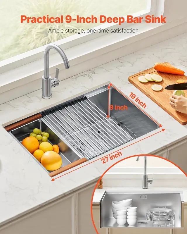Alt view image 2 of 7 - 27" Kitchen Sink Undermount Single Bowl Drop-In Basin Stainless Steel Bar