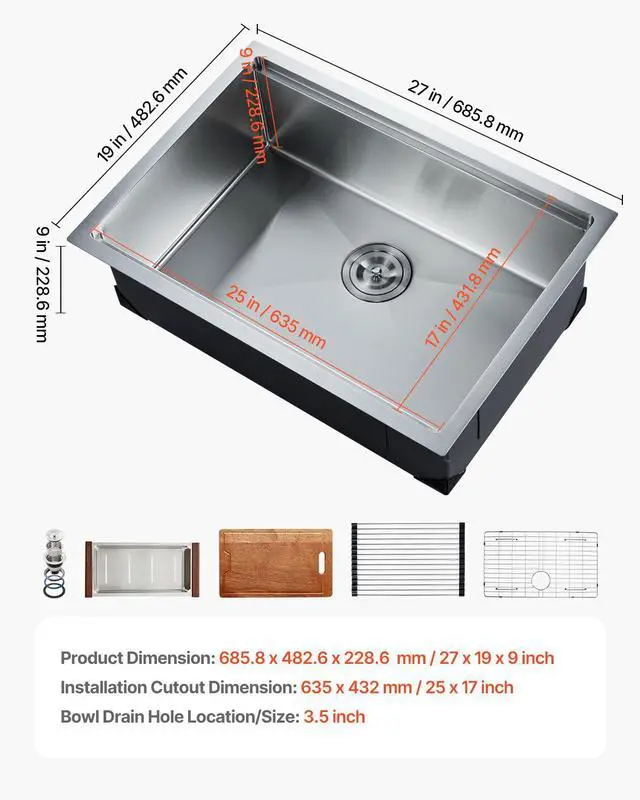 Alt view image 7 of 7 - 27" Kitchen Sink Undermount Single Bowl Drop-In Basin Stainless Steel Bar