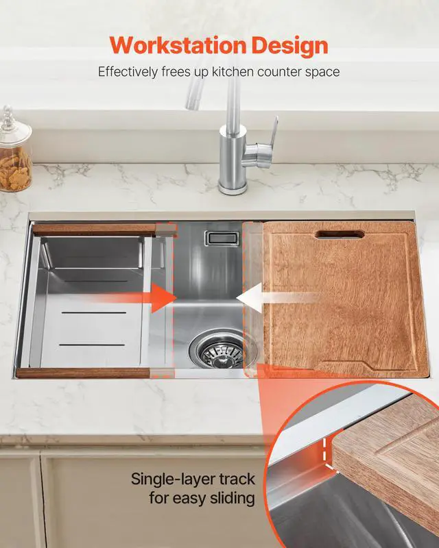 Alt view image 4 of 7 - 23 inch Kitchen Sink Workstation, 304 Stainless Steel Undermount Sink, Drop-In Single Bowl Farmhouse Basin with Ledge & Multiple Accessories, Household Dishwasher Sinks for RV, Prep Kitchen, Bar