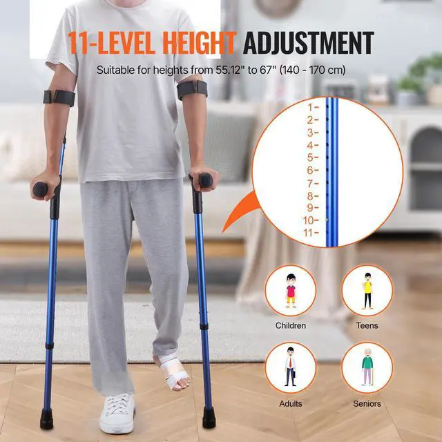 Alt view image 3 of 7 - Forearm Crutches for Adults, 11-Level Height Adjustable Walking Crutches with 4-Level Upper Cuff, Lightweight Aluminum Medical Support Crutches for Leg Injury Surgery Disabled, 1 Pair (350LBS)