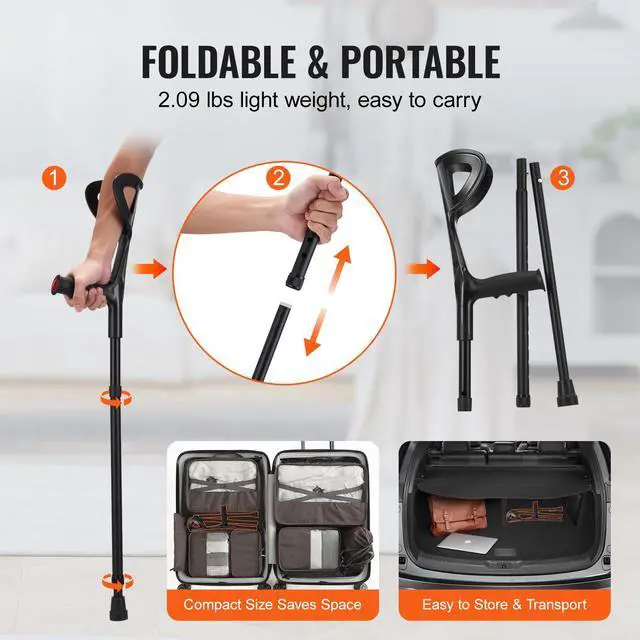 Alt view image 6 of 7 - Forearm Crutches for Adults, Folding Walking Forearm Crutches with 10-Level Adjustable Height, Lightweight Aluminum Medical Crutches with Open Cuff for Leg Injury Surgery Disabled, 1 Pair 350LBS