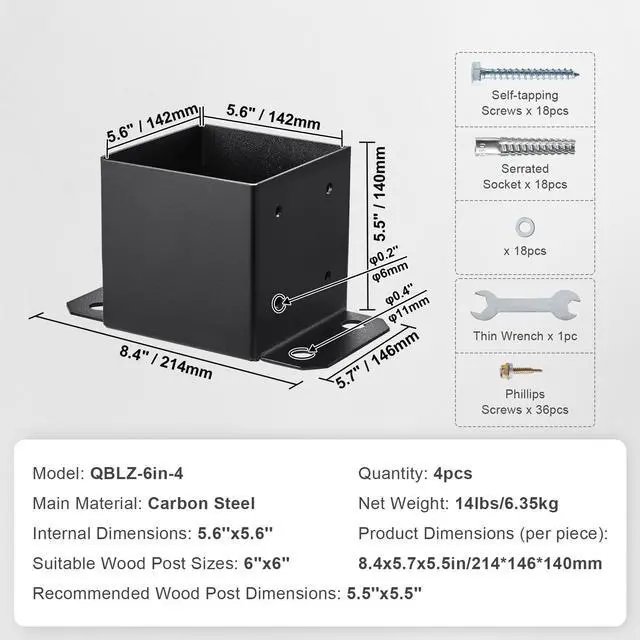 Alt view image 7 of 7 - 6x6 Post Base 4 Pcs, Inner Size 5.6"x5.6" Post Base Brackets, Heavy Duty Powder-Coated Post Anchor Matte Black Wood Post Brackets for Pavilion Deck Railing Support Deck Base Plate