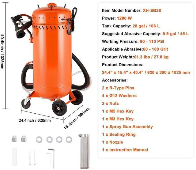 Alt view image 7 of 7 - 28 Gallon Vacuum Sand Blaster, Dustless Sandblaster with Built-in 1200W Vacuum System for Dust Control and Abrasive Recycle, 60-110 PSI Heavy Duty Abrasive Blasting Machine