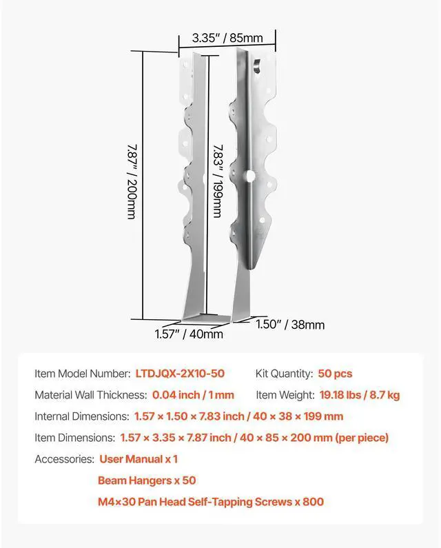 Alt view image 7 of 7 - 50 Pcs Joist Hanger, Inner Dimensions 1.57 x 1.50 x 7.83 inch / 40 x 38 x 199 mm, Rafter Hurricane Ties Joist Hangers with Rustproof Coating, Tie Brackets for Floor Deck and Ceiling Trusses
