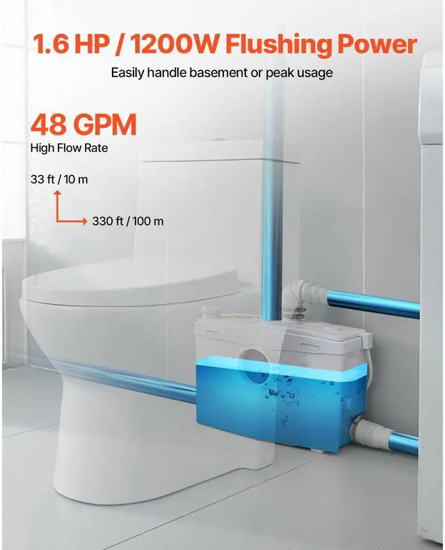 Alt view image 4 of 7 - Macerator Pump, 1200W, 48 GPM Flow, 33 ft/10 m Head, Macerator Sewerage Toilet Pump with 4 Water Inlets, Waste Water Disposal Upflush Machine for Toilet, Basement, Shower, Sink, Laundry, Bathtub