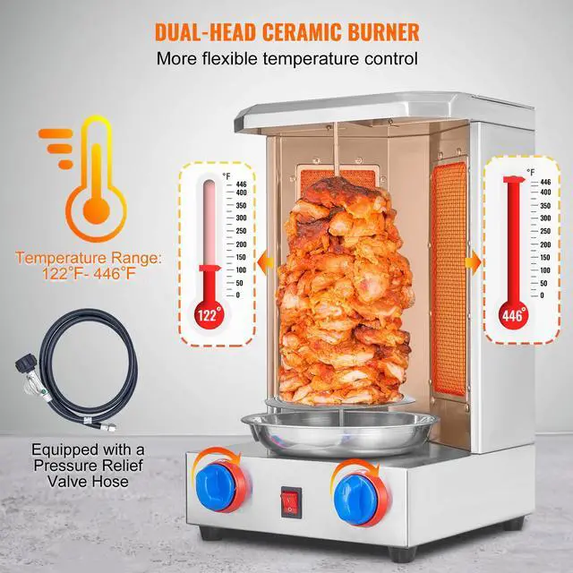 Alt view image 3 of 7 - Shawarma Grill Machine, 13 lbs Capacity, Chicken Shawarma Cooker Machine with 2 Burners, Gas Vertical Broiler Gyro Rotisserie Oven Doner Kebab Machine, for Home Restaurant Kitchen Parties