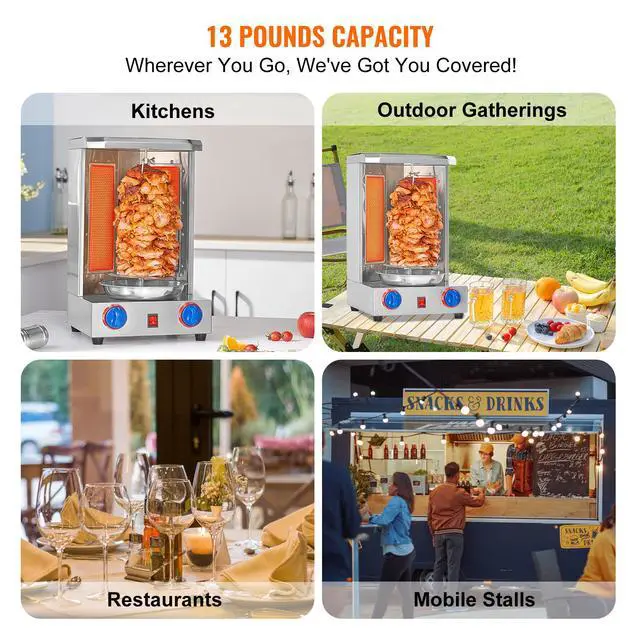 Alt view image 6 of 7 - Shawarma Grill Machine, 13 lbs Capacity, Chicken Shawarma Cooker Machine with 2 Burners, Gas Vertical Broiler Gyro Rotisserie Oven Doner Kebab Machine, for Home Restaurant Kitchen Parties