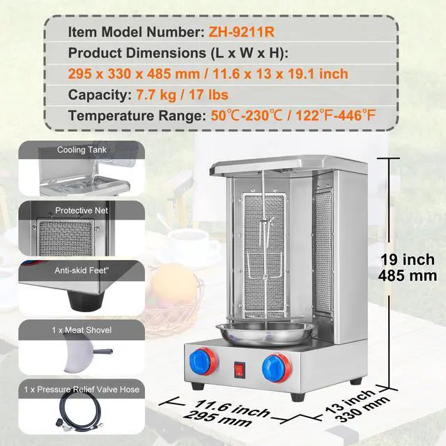 Alt view image 7 of 7 - Shawarma Grill Machine, 13 lbs Capacity, Chicken Shawarma Cooker Machine with 2 Burners, Gas Vertical Broiler Gyro Rotisserie Oven Doner Kebab Machine, for Home Restaurant Kitchen Parties