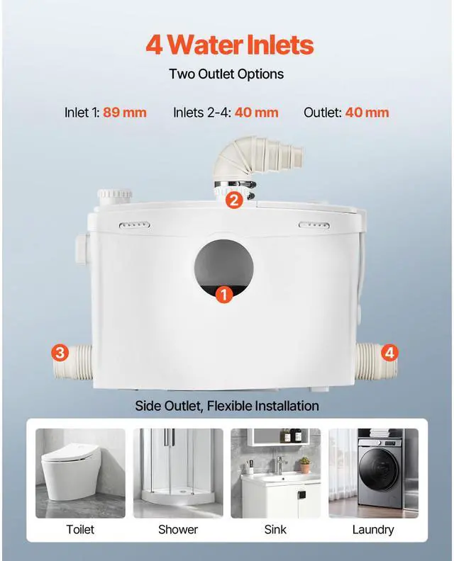 Alt view image 6 of 7 - Macerator Pump, 1200W, 48 GPM Flow, 33 ft/10 m Head, Macerator Sewerage Toilet Pump with 4 Water Inlets, Waste Water Disposal Upflush Machine for Toilet, Basement, Shower, Sink, Laundry, Bathtub