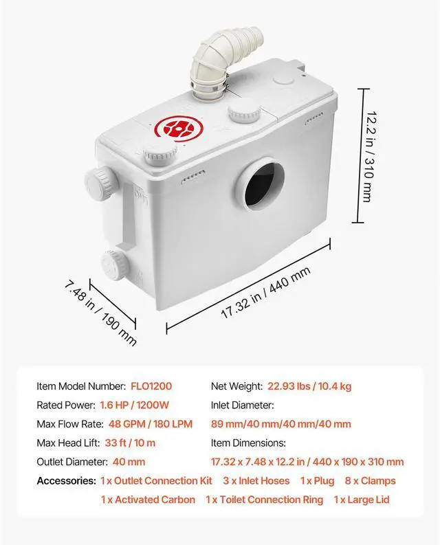 Alt view image 7 of 7 - Macerator Pump, 1200W, 48 GPM Flow, 33 ft/10 m Head, Macerator Sewerage Toilet Pump with 4 Water Inlets, Waste Water Disposal Upflush Machine for Toilet, Basement, Shower, Sink, Laundry, Bathtub