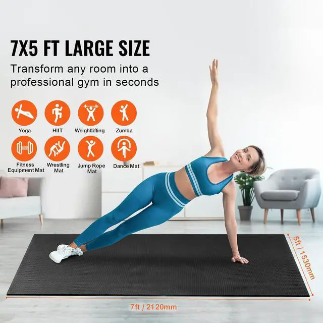 Alt view image 2 of 7 - VEVOR Exercise Mat, Non Slip High Density Premium Yoga Mat, Exercise Yoga Mat for Men & Women, Fitness & Exercise Mat with Bag & Carry Strap, for All Types of Home Yoga, Pilate & Floor Workout (7x5ft)