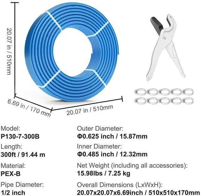 Alt view image 7 of 7 - PEX Pipe 1/2 Inch, 300 Feet Length PEX-B Flexible Pipe Tubing for Potable Water, Pex Water Lines for Hot/Cold Water & Easily Restore, Plumbing Applications with Free Cutter & Clamps ,Blue
