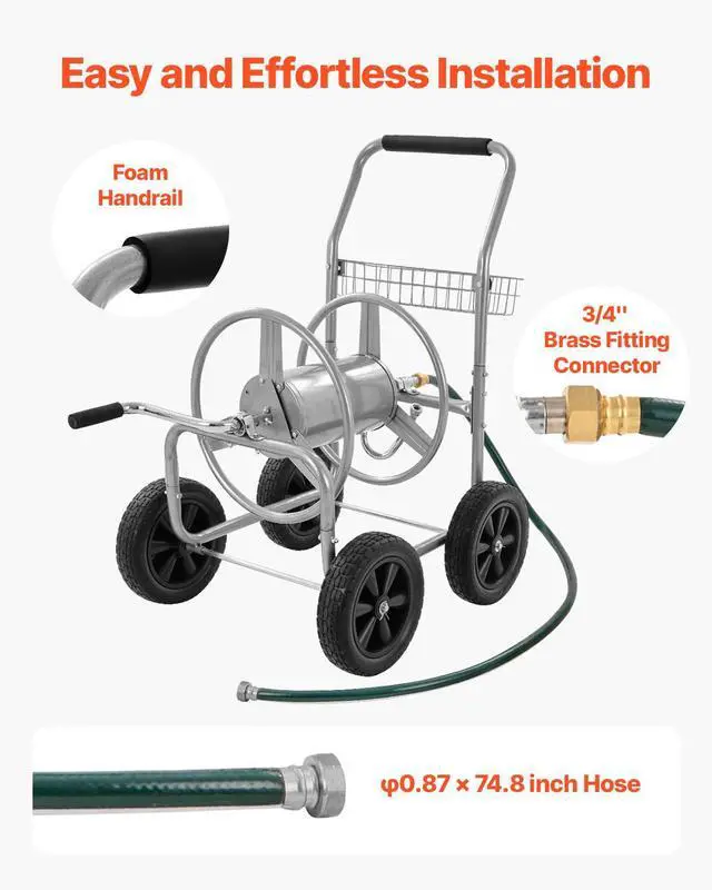 Alt view image 3 of 7 - Water Hose Reel Cart, 250/400 ft High-Pressure Garden Hose Cart, Hoses Reel Carts with Four Wheels, Handle & Heavy-Duty Mesh Storage Basket, Portable Hoses Reels for Garden Watering, Car Washing