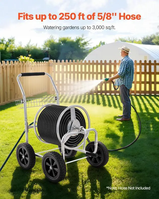 Alt view image 2 of 7 - Water Hose Reel Cart, 250/400 ft High-Pressure Garden Hose Cart, Hoses Reel Carts with Four Wheels, Handle & Heavy-Duty Mesh Storage Basket, Portable Hoses Reels for Garden Watering, Car Washing