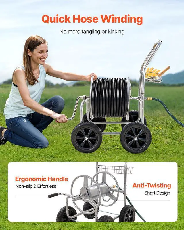 Alt view image 4 of 7 - Water Hose Reel Cart, 250/400 ft High-Pressure Garden Hose Cart, Hoses Reel Carts with Four Wheels, Handle & Heavy-Duty Mesh Storage Basket, Portable Hoses Reels for Garden Watering, Car Washing