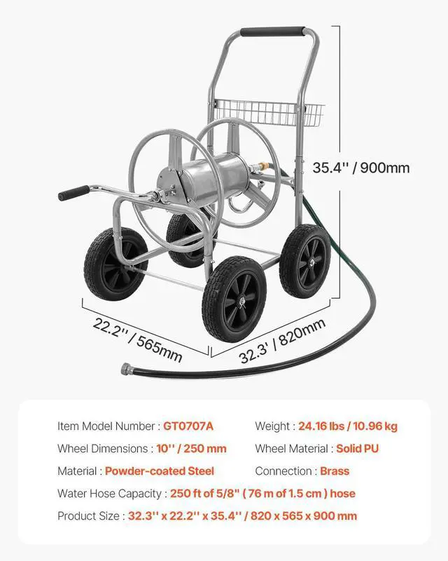 Alt view image 6 of 7 - Water Hose Reel Cart, 250/400 ft High-Pressure Garden Hose Cart, Hoses Reel Carts with Four Wheels, Handle & Heavy-Duty Mesh Storage Basket, Portable Hoses Reels for Garden Watering, Car Washing
