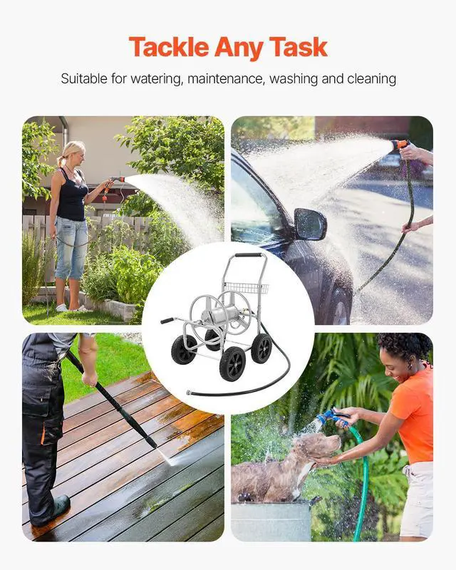 Alt view image 7 of 7 - Water Hose Reel Cart, 250/400 ft High-Pressure Garden Hose Cart, Hoses Reel Carts with Four Wheels, Handle & Heavy-Duty Mesh Storage Basket, Portable Hoses Reels for Garden Watering, Car Washing