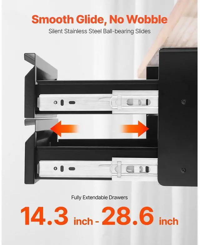 Alt view image 4 of 7 - VEVOR 16" Wide Under Desk Drawer Slide Out, Under Desk Mounted Pull-out Drawer Attachment, Hidden Desktop 2 Layer Storage Organizer, Under Table Pencil Drawer for Home Sit Stand Workstation, 18x9x8 in
