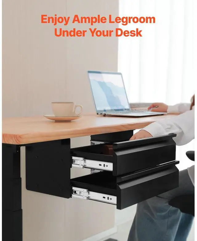 Alt view image 3 of 7 - VEVOR 16" Wide Under Desk Drawer Slide Out, Under Desk Mounted Pull-out Drawer Attachment, Hidden Desktop 2 Layer Storage Organizer, Under Table Pencil Drawer for Home Sit Stand Workstation, 18x9x8 in