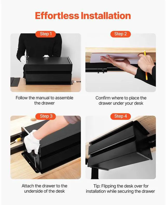 Alt view image 7 of 7 - VEVOR 16" Wide Under Desk Drawer Slide Out, Under Desk Mounted Pull-out Drawer Attachment, Hidden Desktop 2 Layer Storage Organizer, Under Table Pencil Drawer for Home Sit Stand Workstation, 18x9x8 in