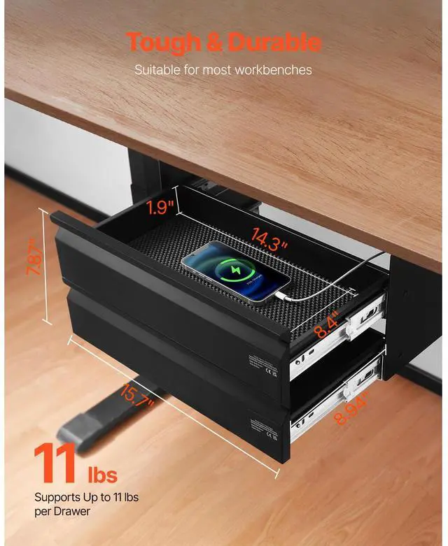 Alt view image 2 of 7 - VEVOR 16" Wide Under Desk Drawer Slide Out, Under Desk Mounted Pull-out Drawer Attachment, Hidden Desktop 2 Layer Storage Organizer, Under Table Pencil Drawer for Home Sit Stand Workstation, 18x9x8 in