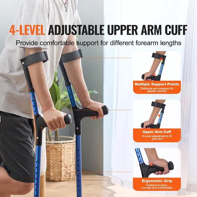 Alt view image 2 of 7 - Forearm Crutches for Adults, 11-Level Height Adjustable Walking Crutches with 4-Level Upper Cuff, Lightweight Aluminum Medical Support Crutches for Leg Injury Surgery Disabled, 1 Pair (350LBS)